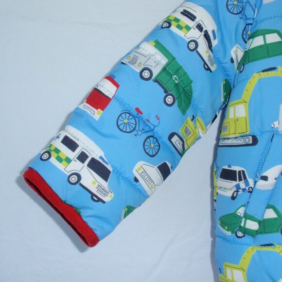 Mini Boden Blue Kids Puffer Jacket with Vehicle Print - Picture 4 of 12